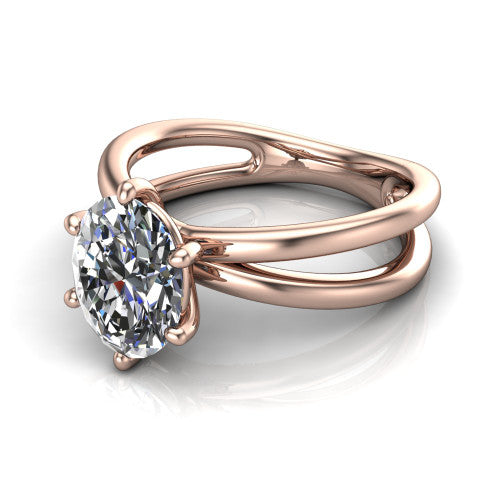 Rain oval classic engagement ring in 14K Rose Gold, three-quarter perspective showing the oval center diamond in a double-claw head above a split polished band