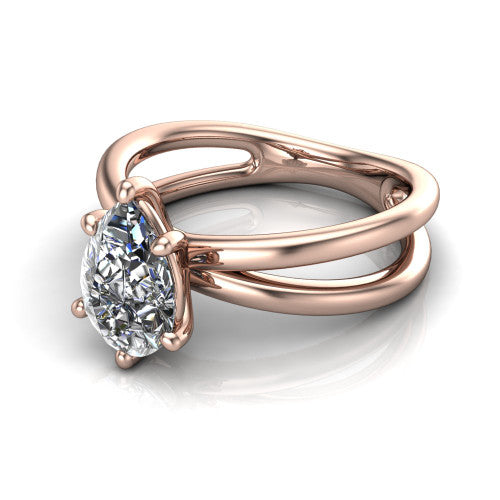 Rain pear classic engagement ring in 14K Rose Gold, three-quarter perspective showing the pear center diamond in a double-claw head above a split polished band