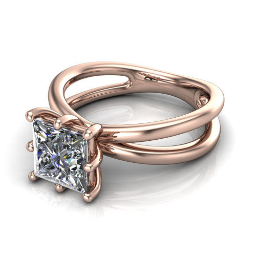 Rain princess-cut classic engagement ring in 14K Rose Gold, three-quarter perspective showing the princess-cut center diamond in a double-claw head above a split polished band