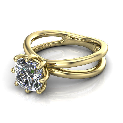 Rain cushion classic engagement ring in 18K Yellow Gold, three-quarter perspective showing the cushion center diamond in a double-claw head above a split polished band