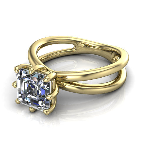Rain square emerald-cut classic engagement ring in 18K Yellow Gold, three-quarter perspective showing the square emerald-cut center diamond in a double-claw head above a split polished band