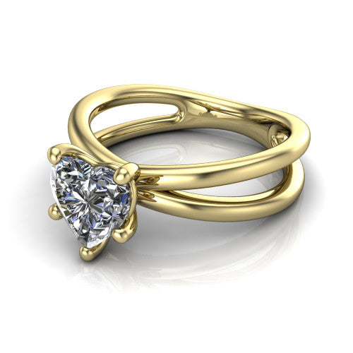Rain heart classic engagement ring in 14K Yellow Gold, three-quarter perspective showing the heart center diamond in a double-claw head above a split polished band