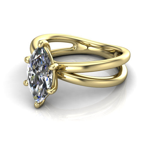 Rain marquise classic engagement ring in 18K Yellow Gold, three-quarter perspective showing the marquise center diamond in a double-claw head above a split polished band