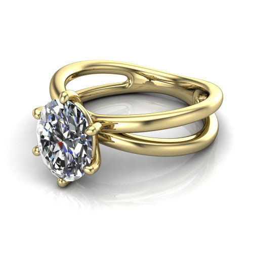 Rain oval classic engagement ring in 14K Yellow Gold, three-quarter perspective showing the oval center diamond in a double-claw head above a split polished band