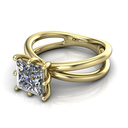 Rain princess-cut classic engagement ring in 14K Yellow Gold, three-quarter perspective showing the princess-cut center diamond in a double-claw head above a split polished band
