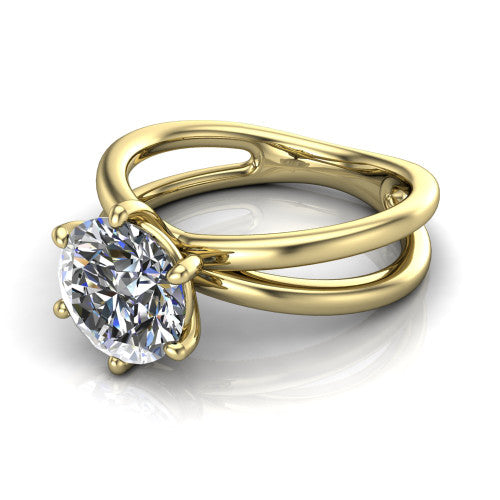 Rain round classic engagement ring in 14K Yellow Gold, three-quarter perspective showing the round center diamond in a double-claw head above a split polished band
