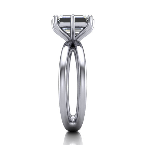 Rain emerald-cut classic engagement ring in 18K White Gold, side profile showing the split twin-rail band in side view