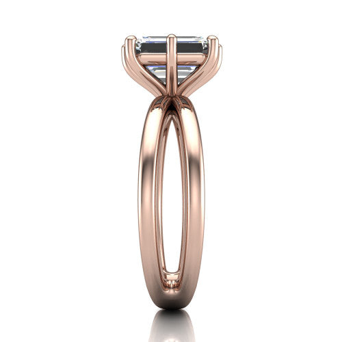 Rain emerald-cut classic engagement ring in 14K Rose Gold, side profile showing the split twin-rail band in side view