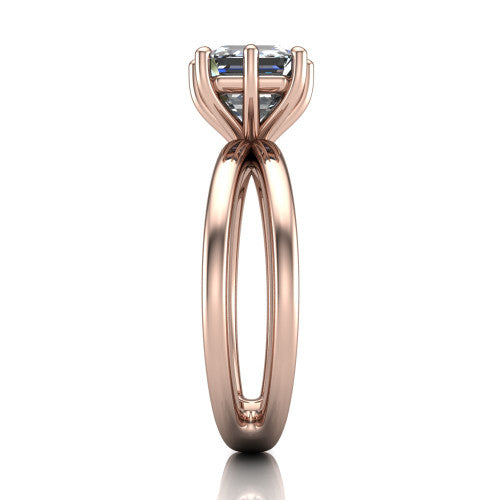 Rain square emerald-cut classic engagement ring in 18K Rose Gold, side profile showing the split twin-rail band in side view
