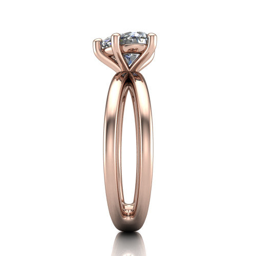 Rain heart classic engagement ring in 18K Rose Gold, side profile showing the split twin-rail band in side view