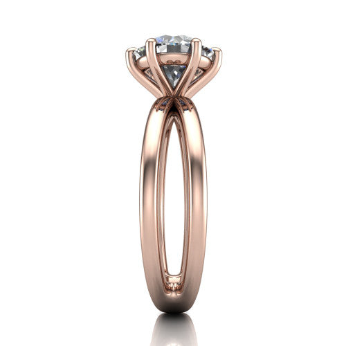 Rain round classic engagement ring in 14K Rose Gold, side profile showing the split twin-rail band in side view