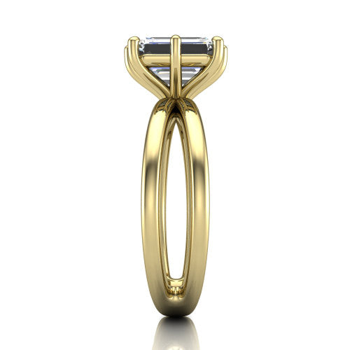 Rain emerald-cut classic engagement ring in 18K Yellow Gold, side profile showing the split twin-rail band in side view