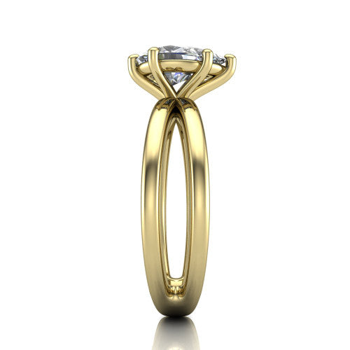 Rain pear classic engagement ring in 14K Yellow Gold, side profile showing the split twin-rail band in side view