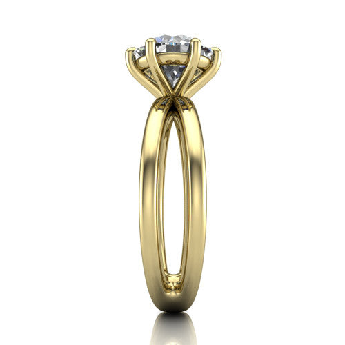 Rain round classic engagement ring in 14K Yellow Gold, side profile showing the split twin-rail band in side view