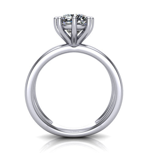 Rain cushion classic engagement ring in 18K White Gold, through-finger front profile showing the double-claw head and split band from the front