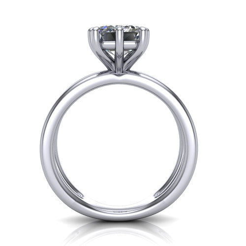 Rain emerald-cut classic engagement ring in 18K White Gold, through-finger front profile showing the double-claw head and split band from the front