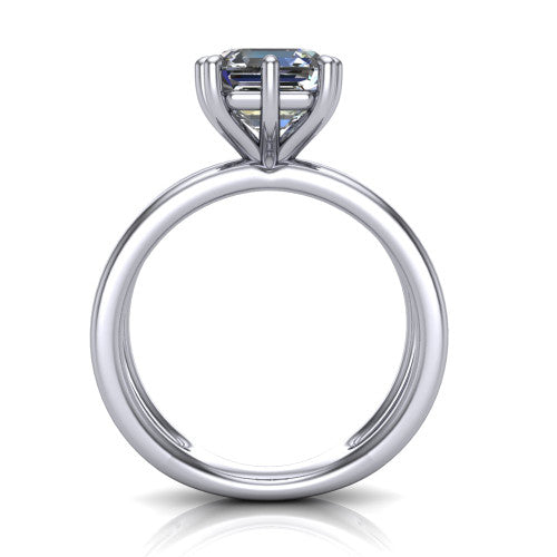 Rain square emerald-cut classic engagement ring in 14K White Gold, through-finger front profile showing the double-claw head and split band from the front