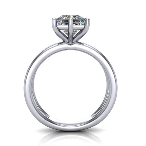 Rain princess-cut classic engagement ring in 18K White Gold, through-finger front profile showing the double-claw head and split band from the front