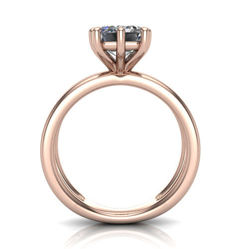 Rain emerald-cut classic engagement ring in 18K Rose Gold, through-finger front profile showing the double-claw head and split band from the front
