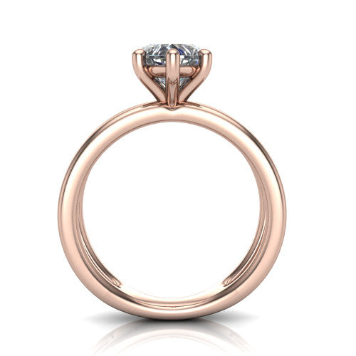 Rain heart classic engagement ring in 18K Rose Gold, through-finger front profile showing the double-claw head and split band from the front