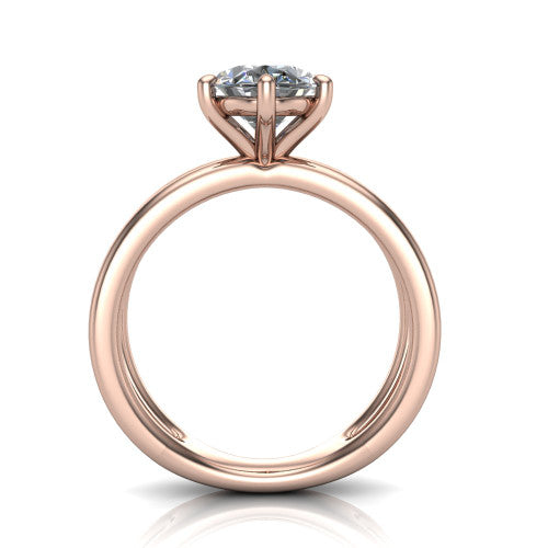 Rain oval classic engagement ring in 18K Rose Gold, through-finger front profile showing the double-claw head and split band from the front