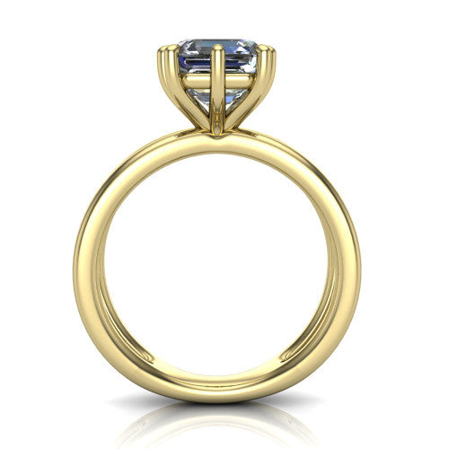 Rain square emerald-cut classic engagement ring in 18K Yellow Gold, through-finger front profile showing the double-claw head and split band from the front