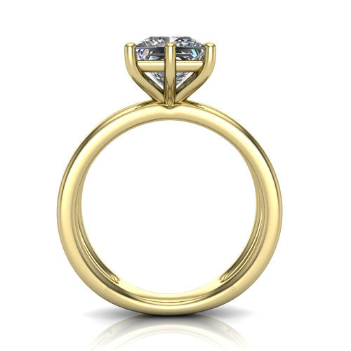 Rain princess-cut classic engagement ring in 14K Yellow Gold, through-finger front profile showing the double-claw head and split band from the front