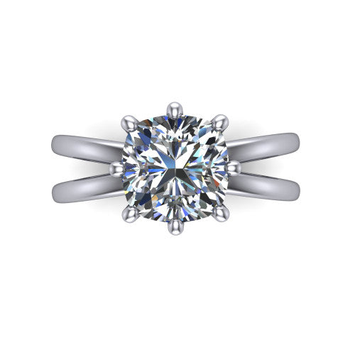Rain cushion classic engagement ring in Platinum, top-down view showing the cushion center diamond and paired prongs from above