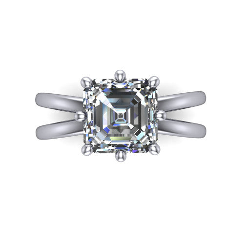 Rain square emerald-cut classic engagement ring in 14K White Gold, top-down view showing the square emerald-cut center diamond and paired prongs from above