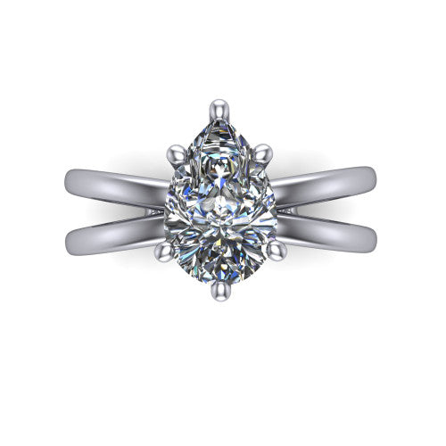 Rain pear classic engagement ring in 18K White Gold, top-down view showing the pear center diamond and paired prongs from above