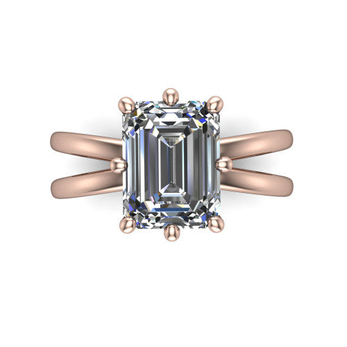Rain emerald-cut classic engagement ring in 18K Rose Gold, top-down view showing the emerald-cut center diamond and paired prongs from above