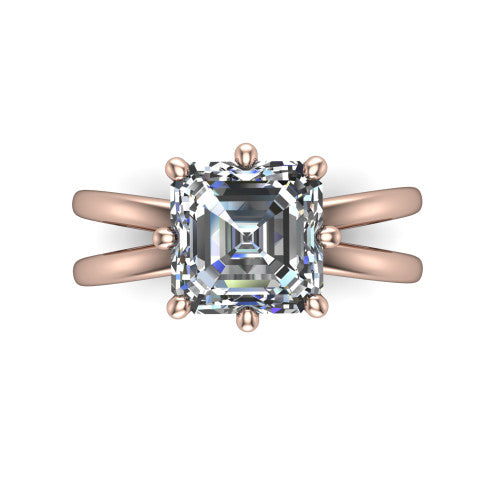 Rain square emerald-cut classic engagement ring in 18K Rose Gold, top-down view showing the square emerald-cut center diamond and paired prongs from above