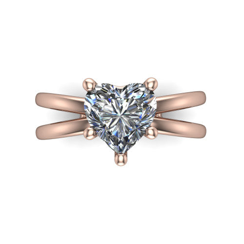 Rain heart classic engagement ring in 14K Rose Gold, top-down view showing the heart center diamond and paired prongs from above
