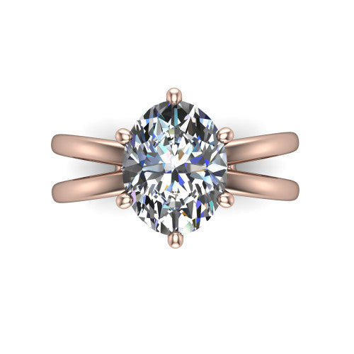 Rain oval classic engagement ring in 18K Rose Gold, top-down view showing the oval center diamond and paired prongs from above