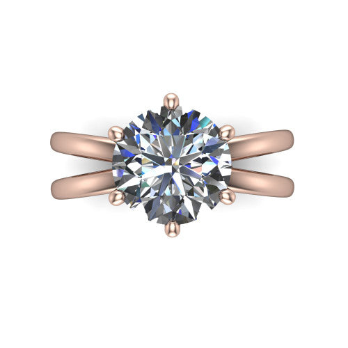 Rain round classic engagement ring in 18K Rose Gold, top-down view showing the round center diamond and paired prongs from above