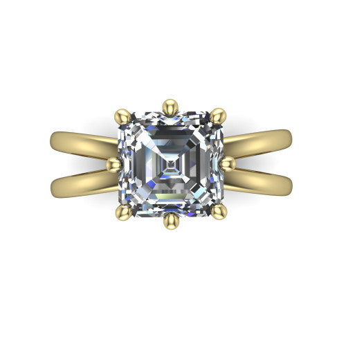 Rain square emerald-cut classic engagement ring in 18K Yellow Gold, top-down view showing the square emerald-cut center diamond and paired prongs from above