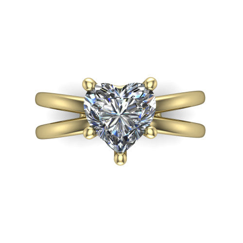 Rain heart classic engagement ring in 14K Yellow Gold, top-down view showing the heart center diamond and paired prongs from above