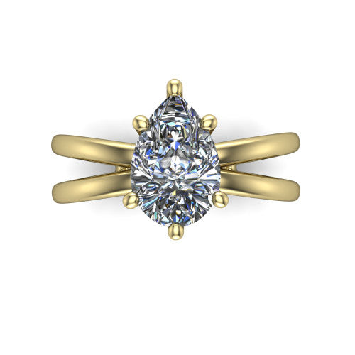 Rain pear classic engagement ring in 14K Yellow Gold, top-down view showing the pear center diamond and paired prongs from above