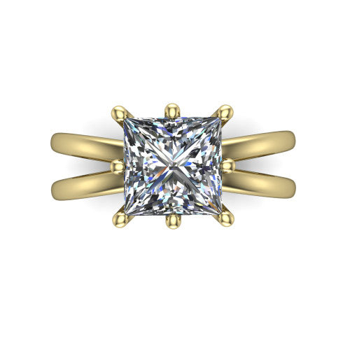 Rain princess-cut classic engagement ring in 14K Yellow Gold, top-down view showing the princess-cut center diamond and paired prongs from above