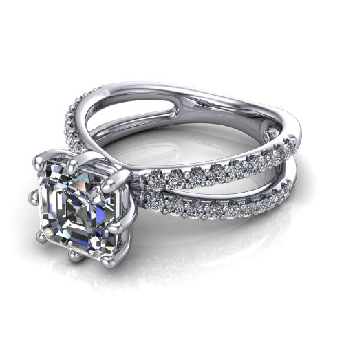 Stormy Square Emerald Shape Classic Engagement Ring in 18K White Gold