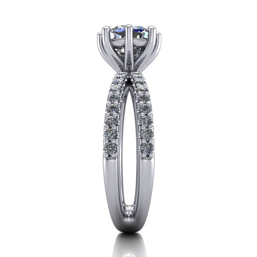 Stormy cushion classic engagement ring in 14K White Gold, side profile showing the split pave band and six-prong profile in side view
