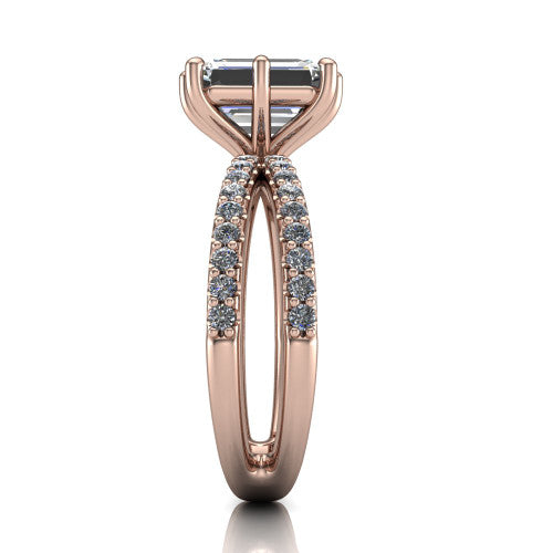 Stormy emerald-cut classic engagement ring in 18K Rose Gold, side profile showing the split pave band and six-prong profile in side view