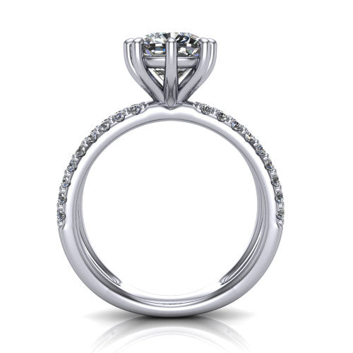Stormy cushion classic engagement ring in Platinum, through-finger front profile showing the six-prong head and split pave band from the front