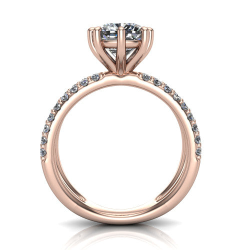 Stormy cushion classic engagement ring in 18K Rose Gold, through-finger front profile showing the six-prong head and split pave band from the front