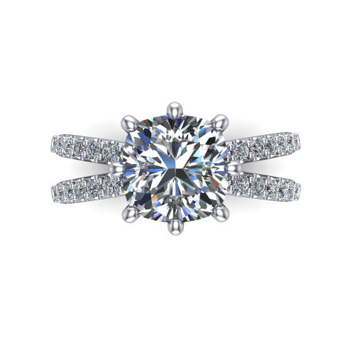 Stormy cushion classic engagement ring in Platinum, top-down view showing the cushion center diamond and six prongs from above