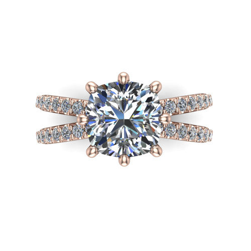 Stormy cushion classic engagement ring in 18K Rose Gold, top-down view showing the cushion center diamond and six prongs from above