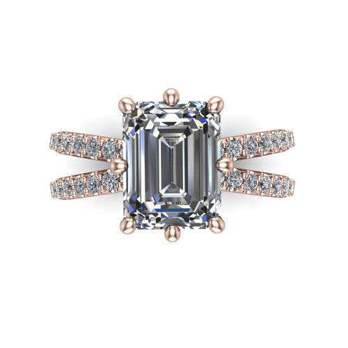 Stormy emerald-cut classic engagement ring in 18K Rose Gold, top-down view showing the emerald-cut center diamond and six prongs from above