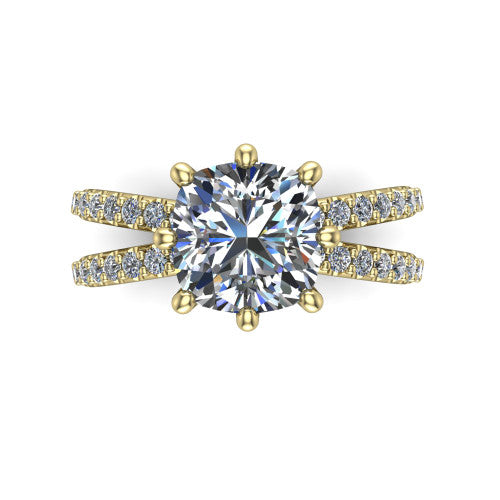 Stormy cushion classic engagement ring in 18K Yellow Gold, top-down view showing the cushion center diamond and six prongs from above