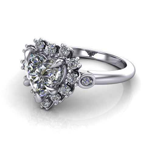 June heart halo engagement ring in 14K White Gold, three-quarter perspective showing the heart center diamond in an ornate cluster halo with bezel side accents