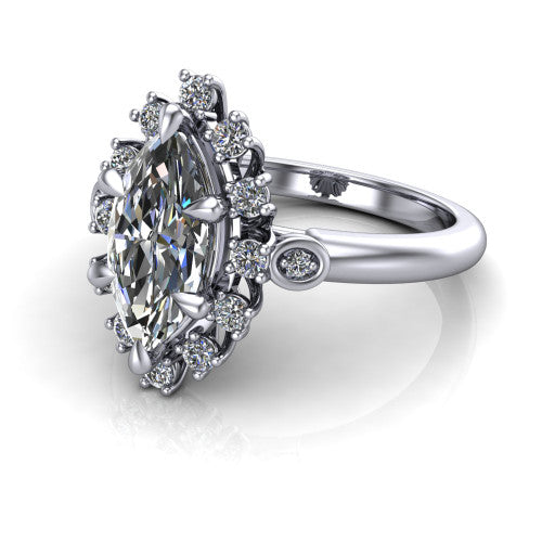 June marquise halo engagement ring in 14K White Gold, three-quarter perspective showing the marquise center diamond in an ornate cluster halo with bezel side accents